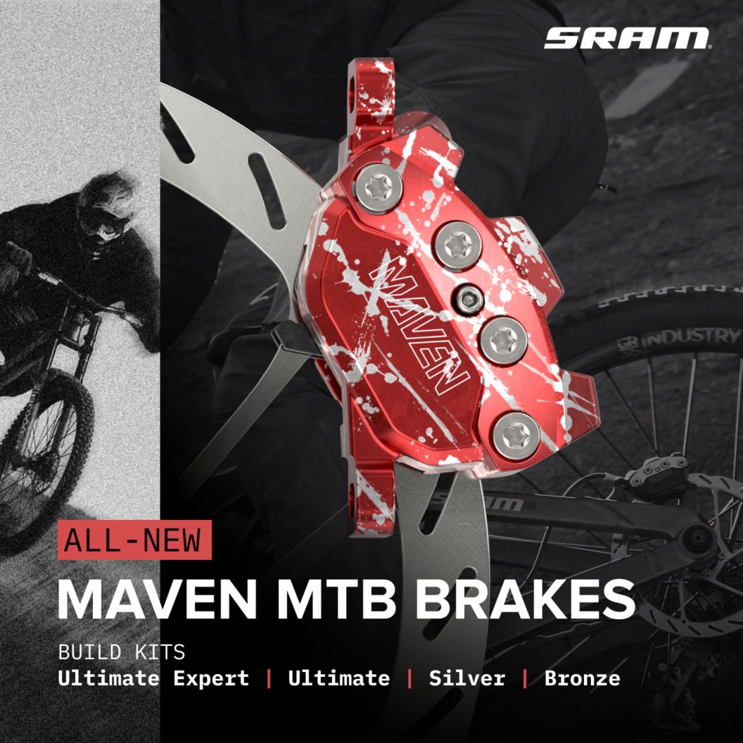 A split image of the all-new SRAM Maven MTB brakes shown in their red-splash colorway and a rider aggressively descending a trail. Kit options are:    Ultimate Expert, Ultimate, Silver, and Bronze. 